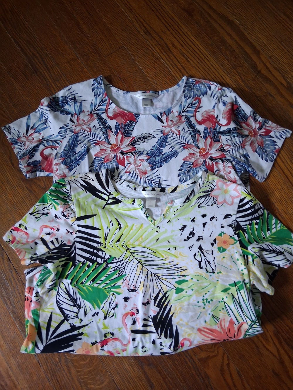Bundle: 2 Christopher & Banks Tropical Leaf and Flamingo Print Tops Cotton